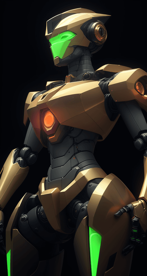 AI generated: 3D rendering, robot, front view, upper body, dark orange and green neon glow, stare, sparkling eyes,...