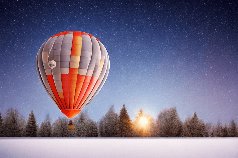 AI generated: On the left side of the image a hot air balloon, a night with stars in wintertime