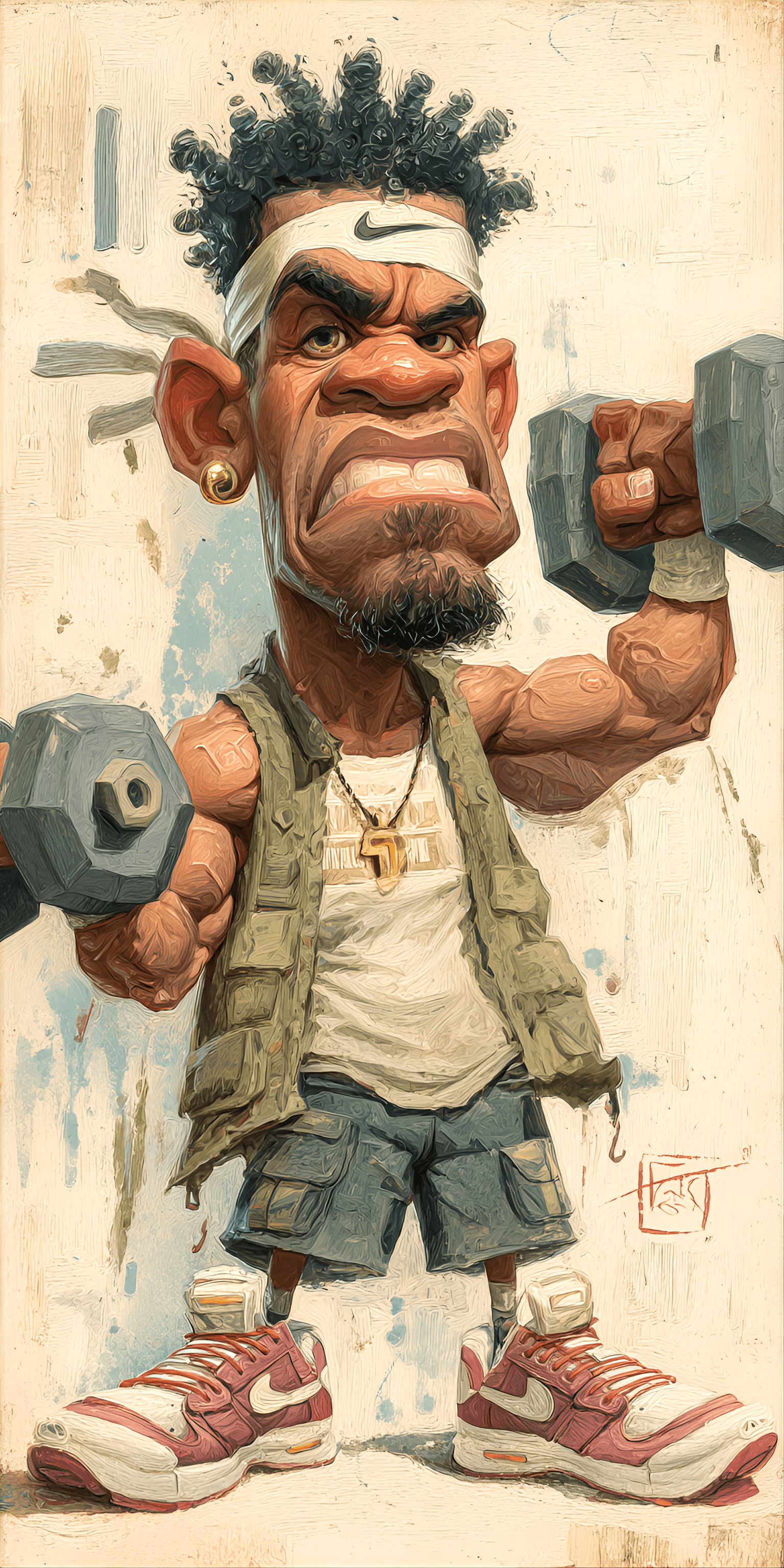 AI generated: funny caricature, ultra-fit enthusiast caricature, adult african-american male, 28 years old, extrem...