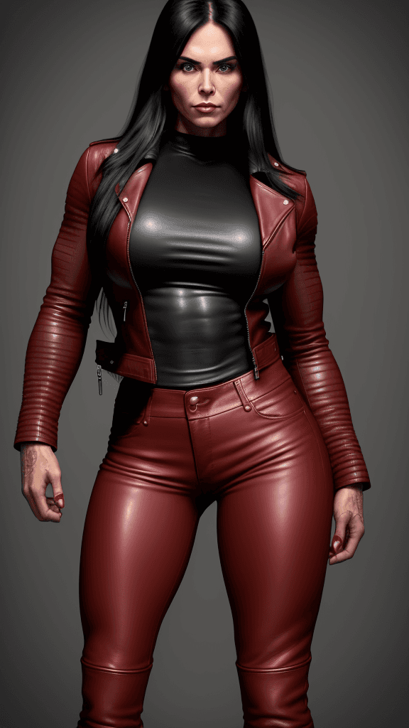 AI generated: 30 year old strong muscular woman, toned biceps, long black hair, wears red leather pants, wears red...