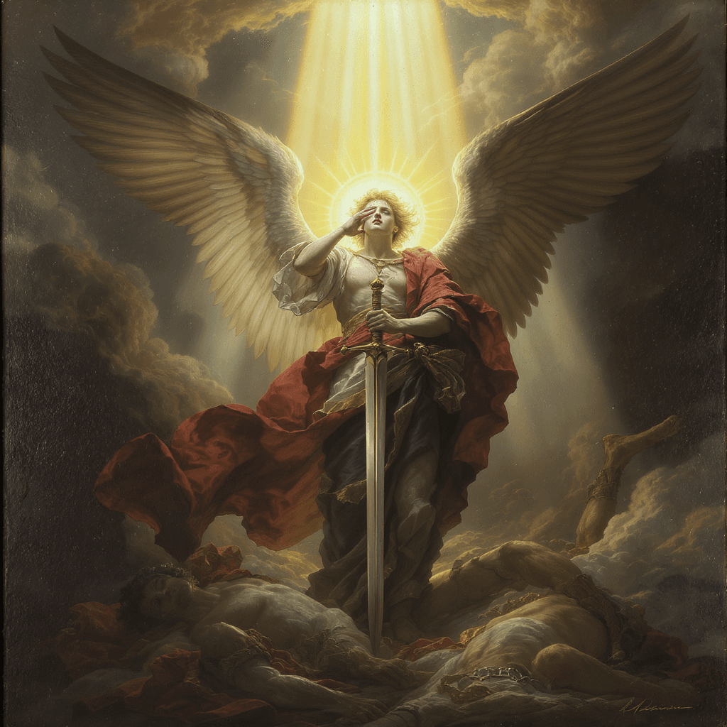 AI generated: Craft an Old Master painting-style image of an archangel who stands with an imposing presence on the...