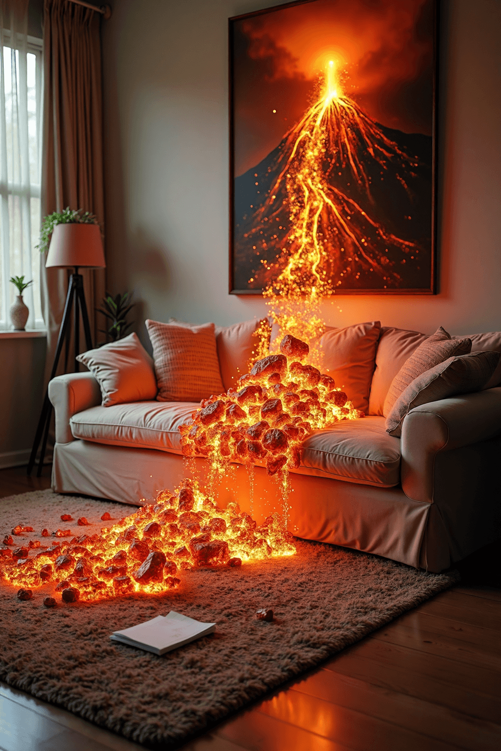 AI generated: A cozy living room features a soft sofa and a warm, textured rug. Above the couch hangs a dramatic p...