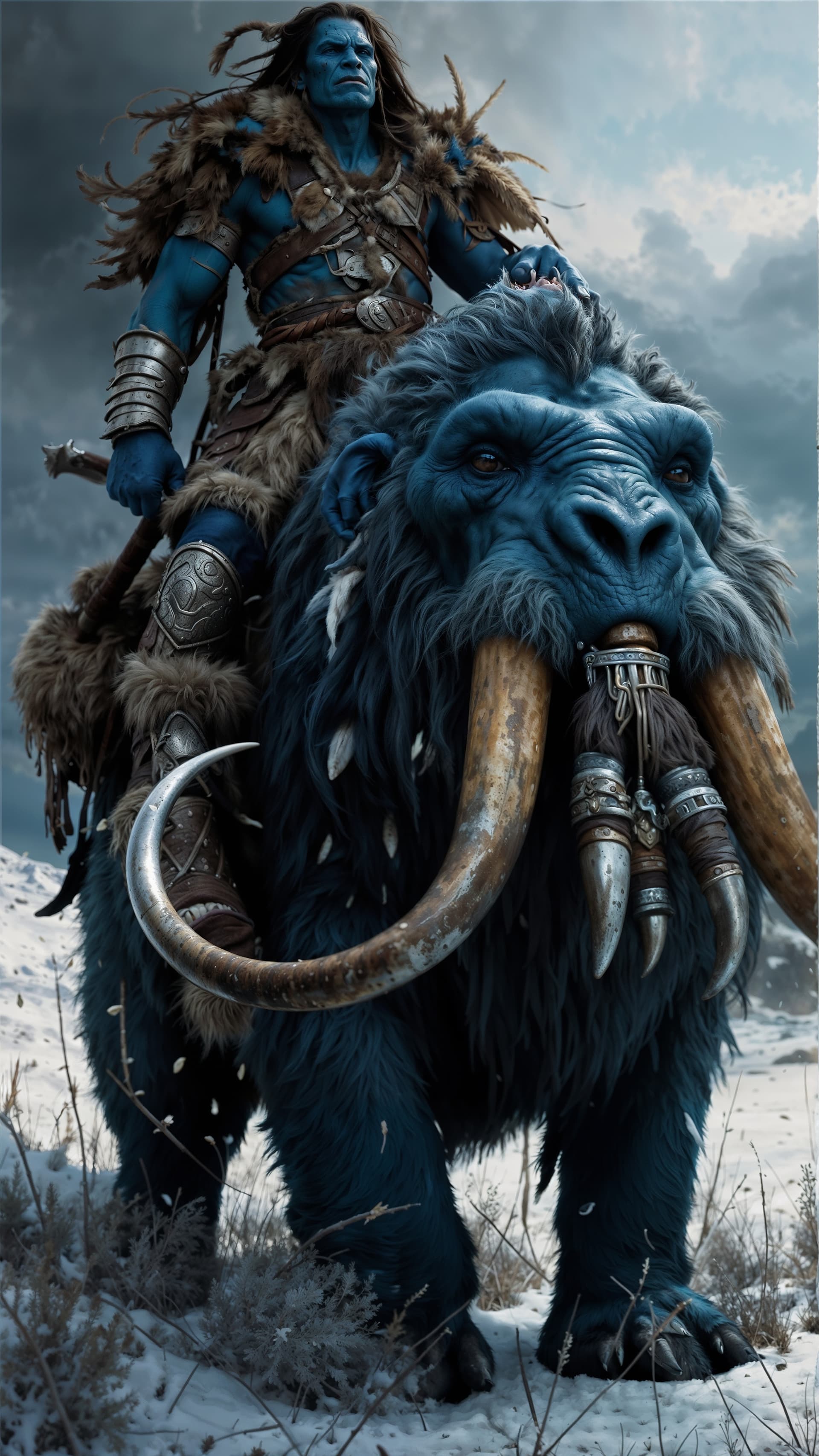 AI generated: A Full Body photo shot of a blue native orc warrior, riding on his majestic sharp tusk mammoth, beau...