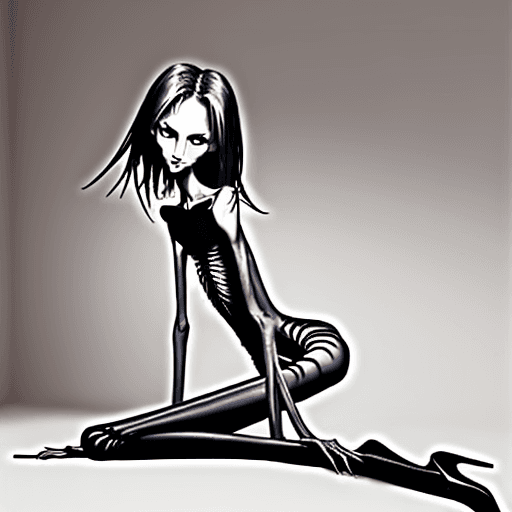 AI generated:  extreme skinny slender anorexic girl very skinny slender girl, with long curved claws, skinny legs ...