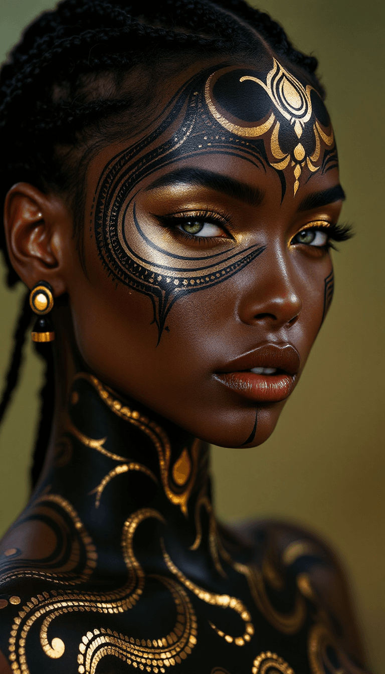 AI generated: A hyperrealistic portrayal of a woman showcasing an intricate body paint design inspired by tribal p...
