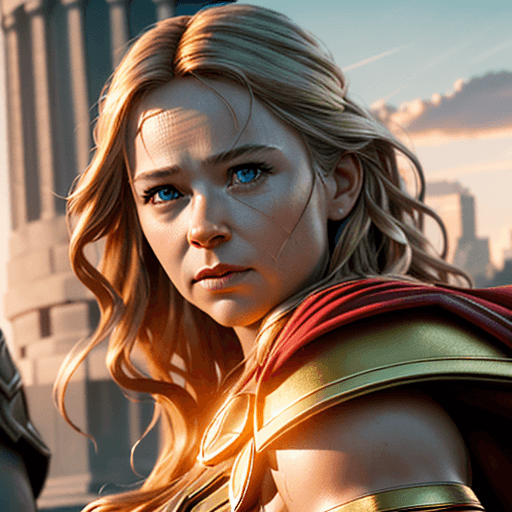 AI generated: Photo of an ultra realistic (from Thor 1) with a woman, romantic, dramatic light, golden hour, 4k, 8...