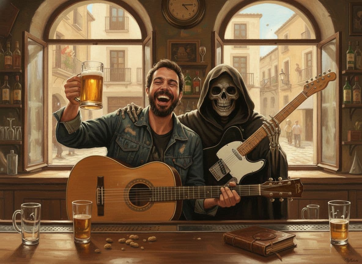 AI generated: the Grim Reaper sitting beside a man who is drinking beer and playing guitar in a cozy old bar, cine...