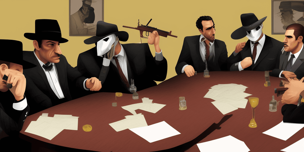 AI generated: mafia, Table, gun, Citizen, Mafia verbal analysis face-to-face game, The mask and night phase of the...