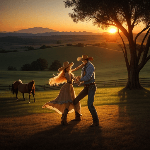AI generated: a cowboy and his girl having a dance at sunset with rolling hills in the back and there horses tied ...