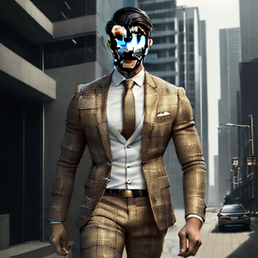 AI generated: Full-body realistic illustration of Roshan in a modern urban setting, wearing a tweed suit, no facia...