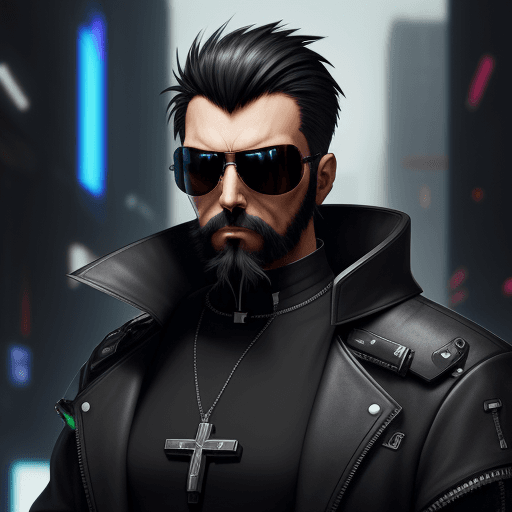 AI generated: cyberpunk priest with cyberware and aviator sunglasses. short black hair and short black beard. Look...