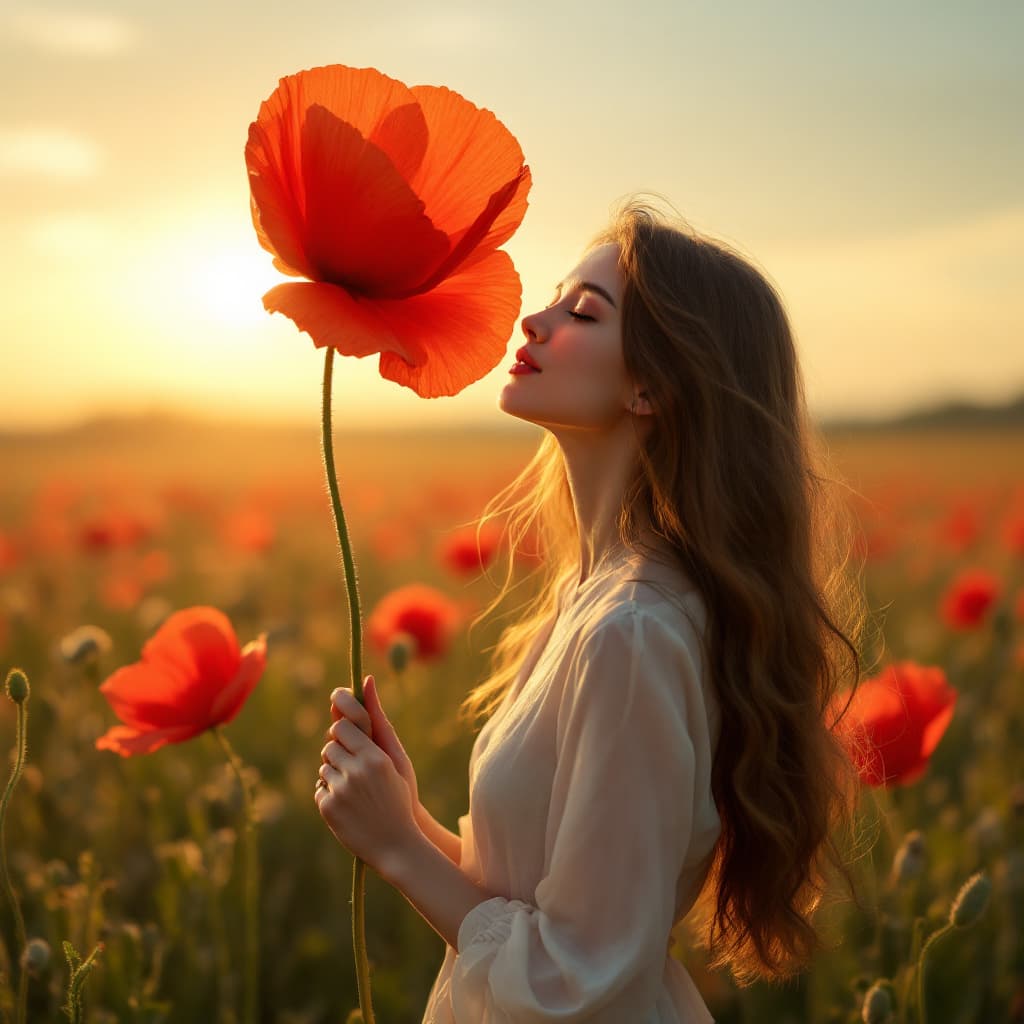 AI generated: A long hair beautiful girl holding a huge poppy flower, micro art, girl standing in the spring field...