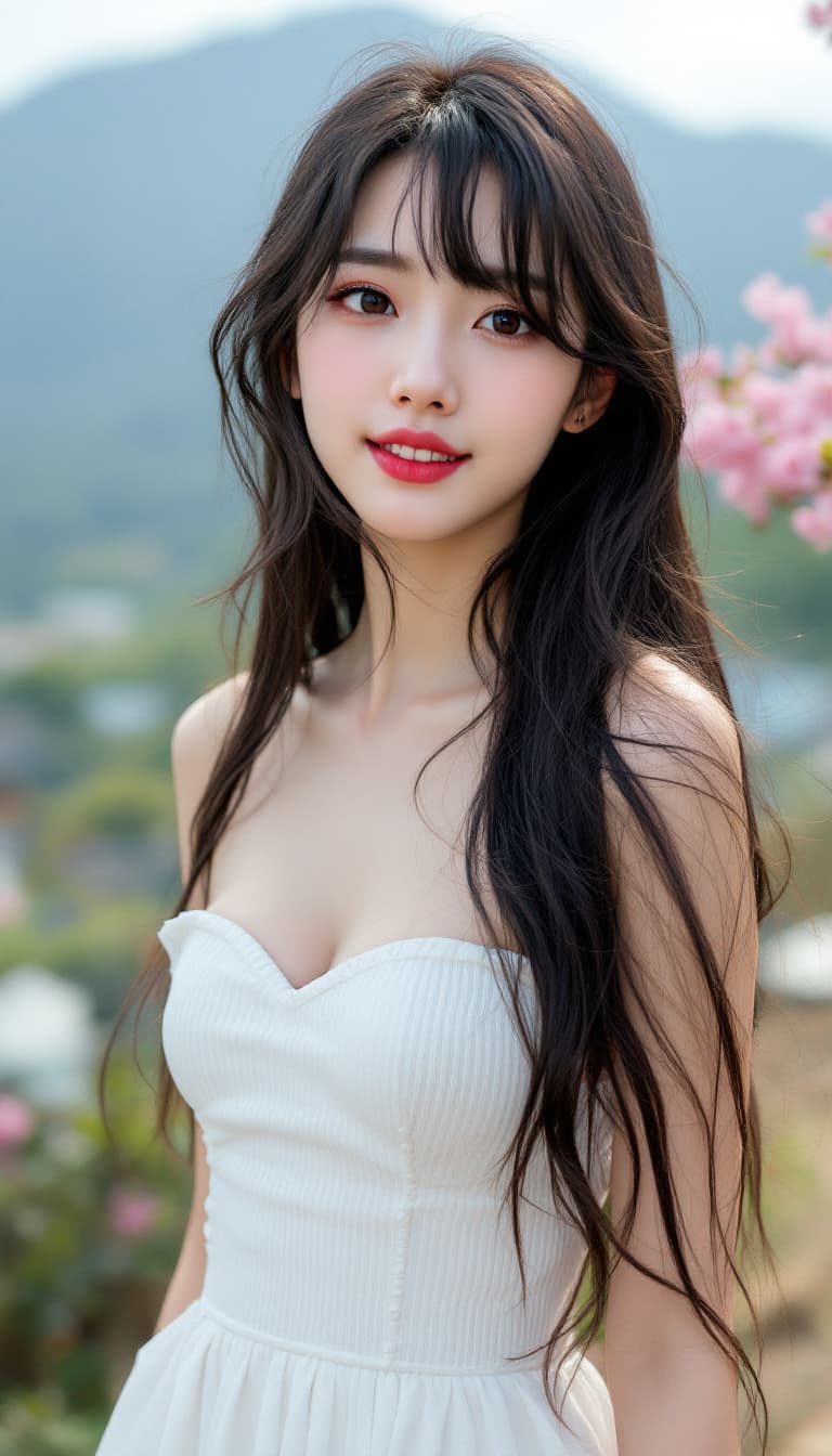 AI generated: A person, korean ulzzang face, japanese girl, long hair, bangs, multi color hair, wearing a white st...