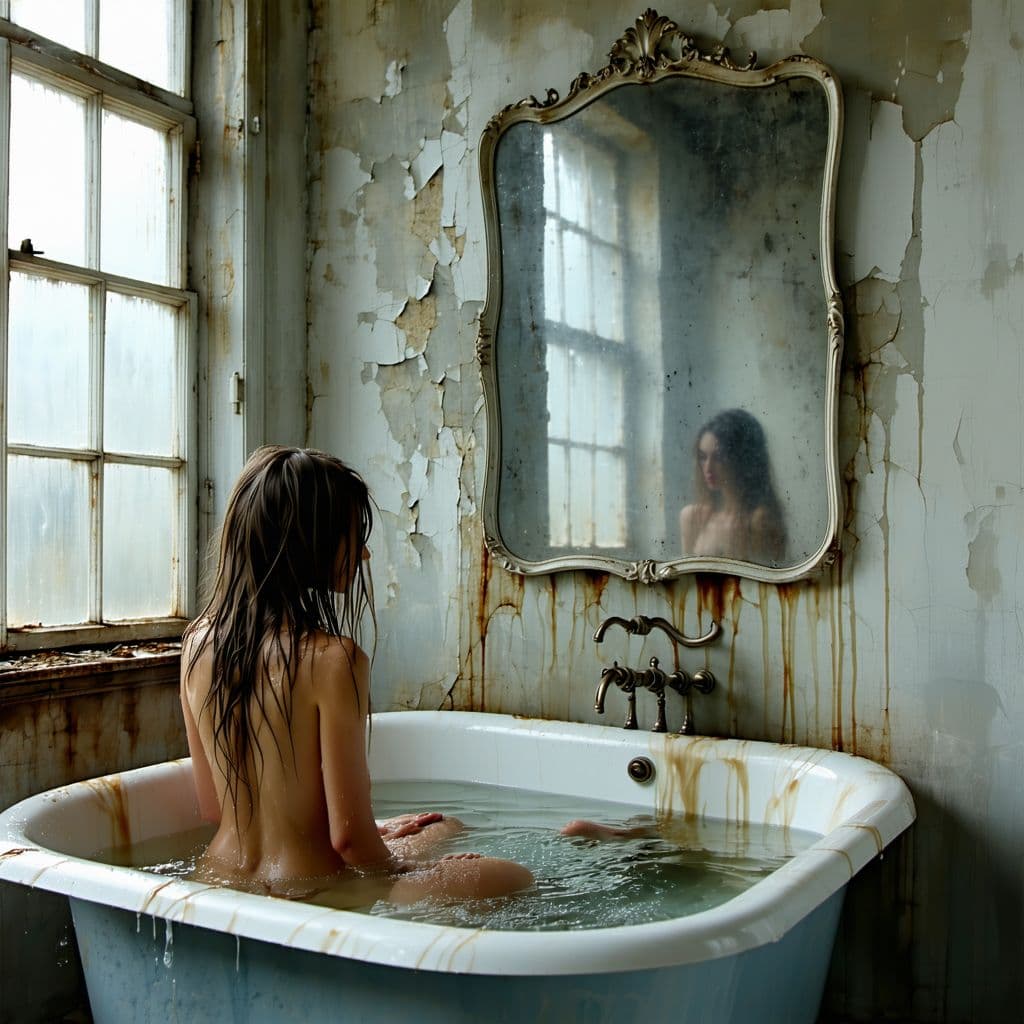 AI generated: En un baño antiguo y sucio de una casa abandonada, una hermosa jovencita parada de frente a la cámar...
