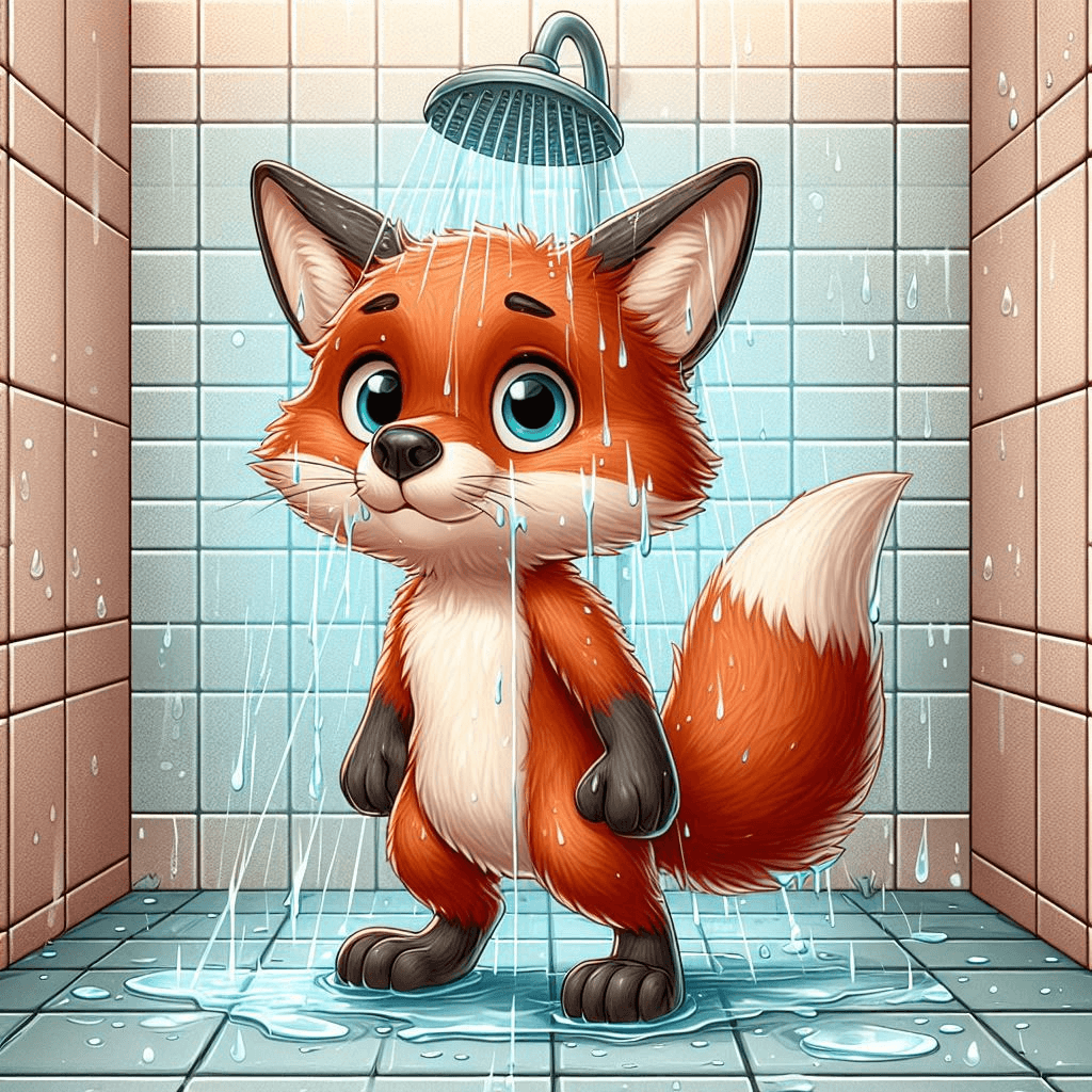 AI generated: Digital cartoon painting of a fox standing in a room with tile walls and a tile floor under a shower...