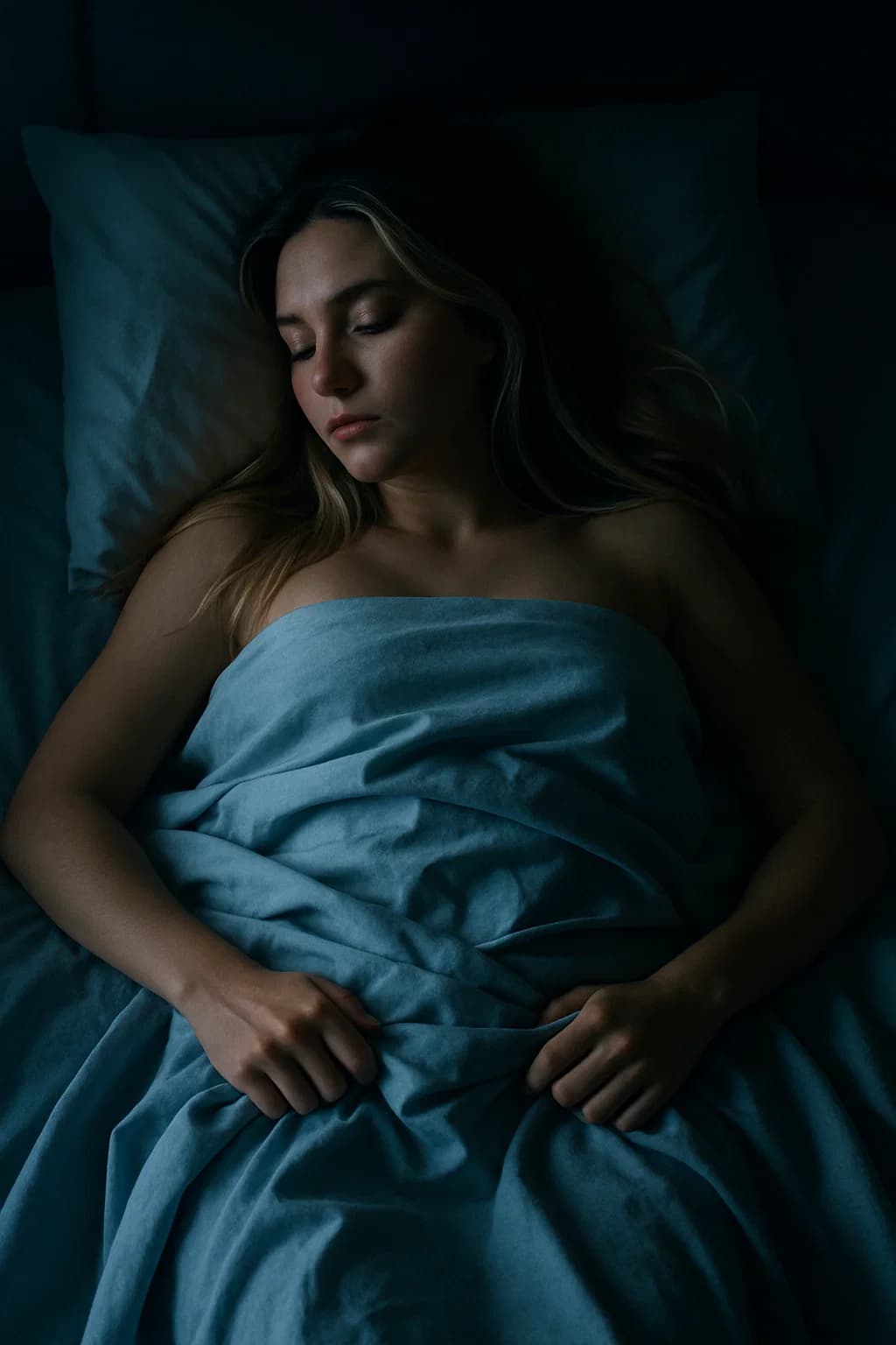AI generated: woman, long blonde hair with dark highlights, lying in bed, sleeping, One hand pulls extra energetic...