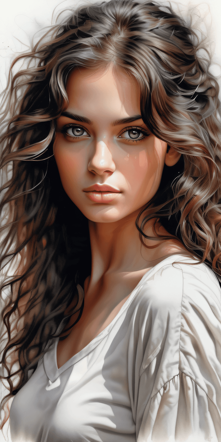 AI generated: light natural tones , pencil drawing , watercolor drawing, portrait of a woman with long curly hair ...