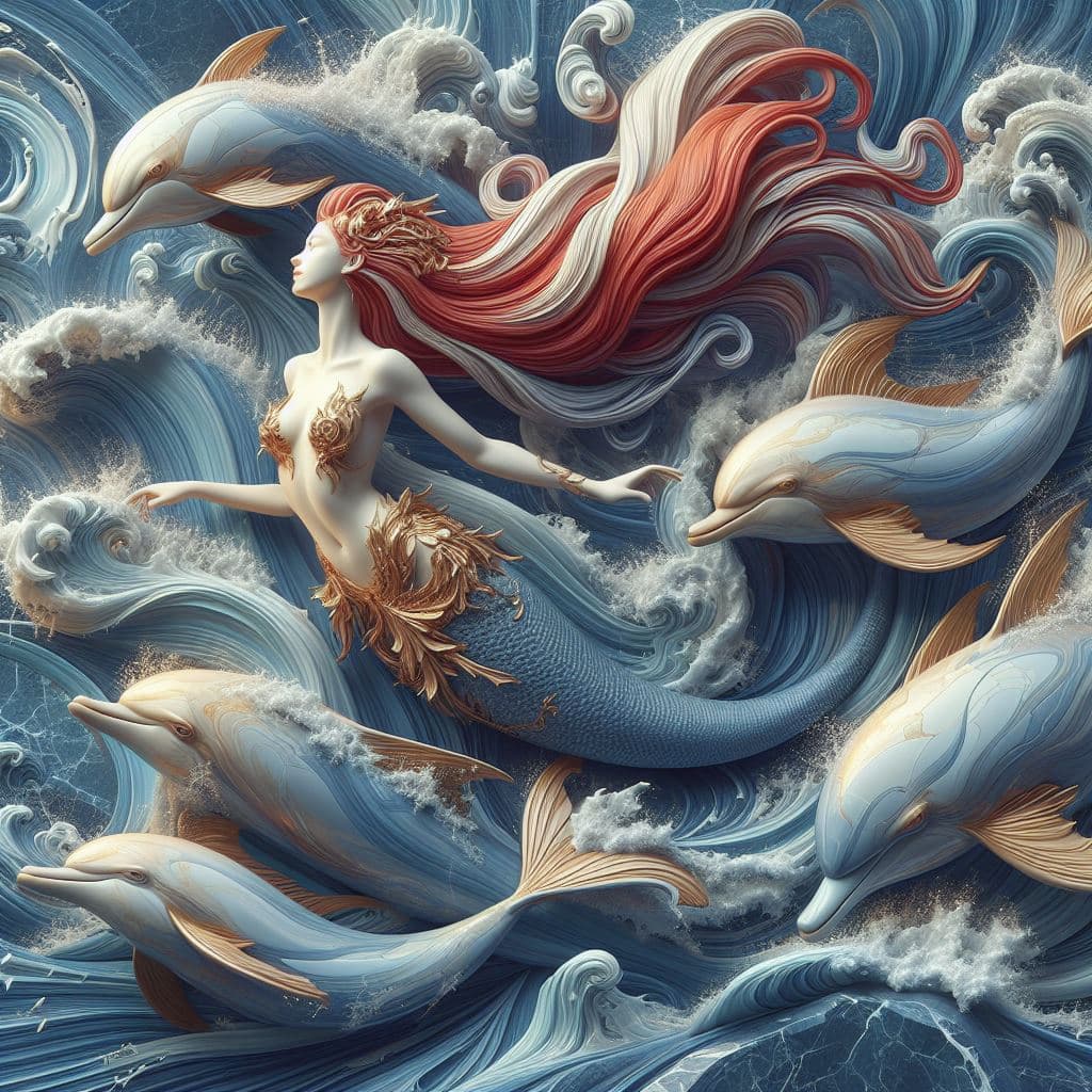 AI generated: mermaid  golden goddess features riding  dolphins  breaking out on a marble drak blue wal, in the st...