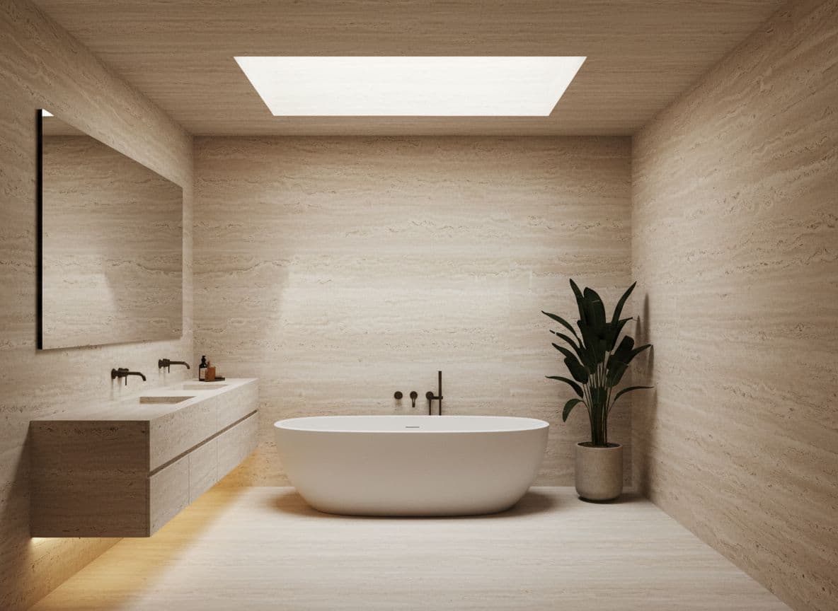 AI generated: Luxurious bathroom with creamy beige Roman travertine walls, minimalist yet high-end, masterfully sh...