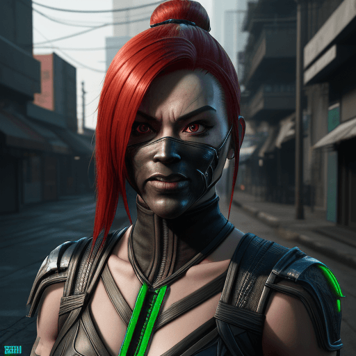 AI generated: Mortal Kombat Jade, unmasked, cyberpunk, outdoor, street, Red hair, full height, hyperrealism, photo...