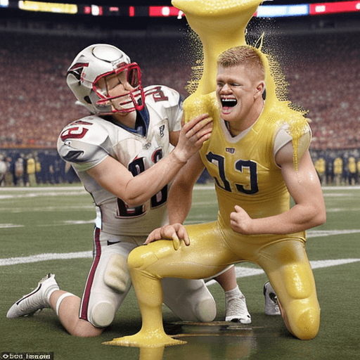 AI generated: tom Brady and jj watt, laughing, sweaty, in football uniform throwing custard pies at each other. th...