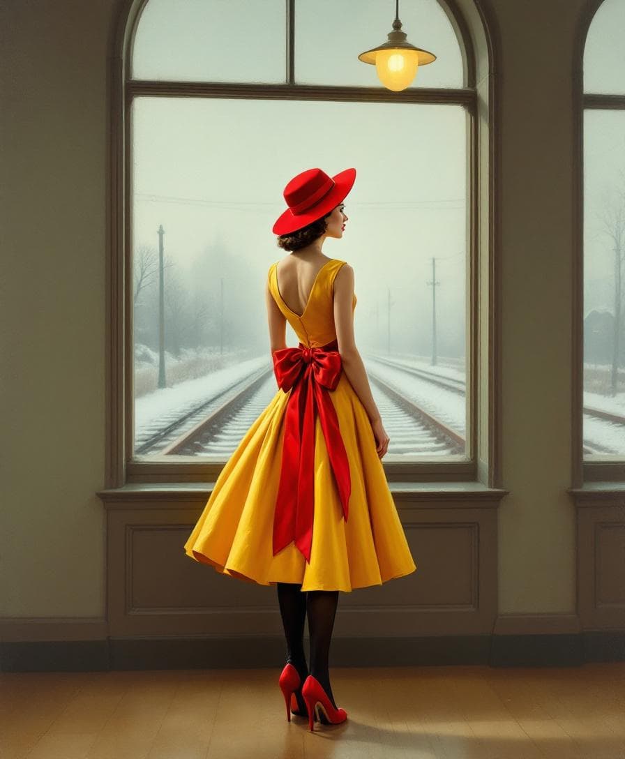 AI generated: A woman, light-skinned, mid-20s, wearing a vibrant yellow, full-skirted swing dress of a 1940s-style...