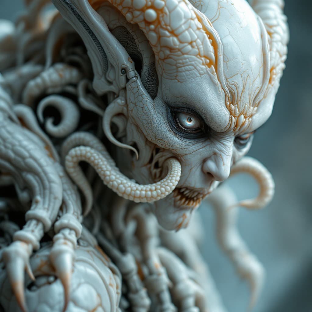 AI generated: Carved porcelain cyborg demons,different full body modelposition, high detailed cinematic background...
