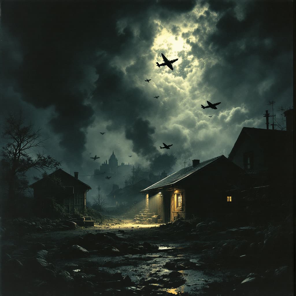 AI generated: 4.	a World War II air raid scene, searchlights, planes overhead, civilians in shelters, dramatic ten...