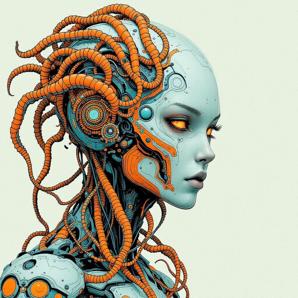 AI generated: alien cyborg art and illustration by theo el, in the style of balanced symmetry, light orange and cy...