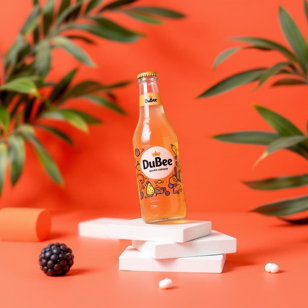 AI generated: This is a vibrant product photography composition featuring a bottle of "DuBee" beverage against a c...