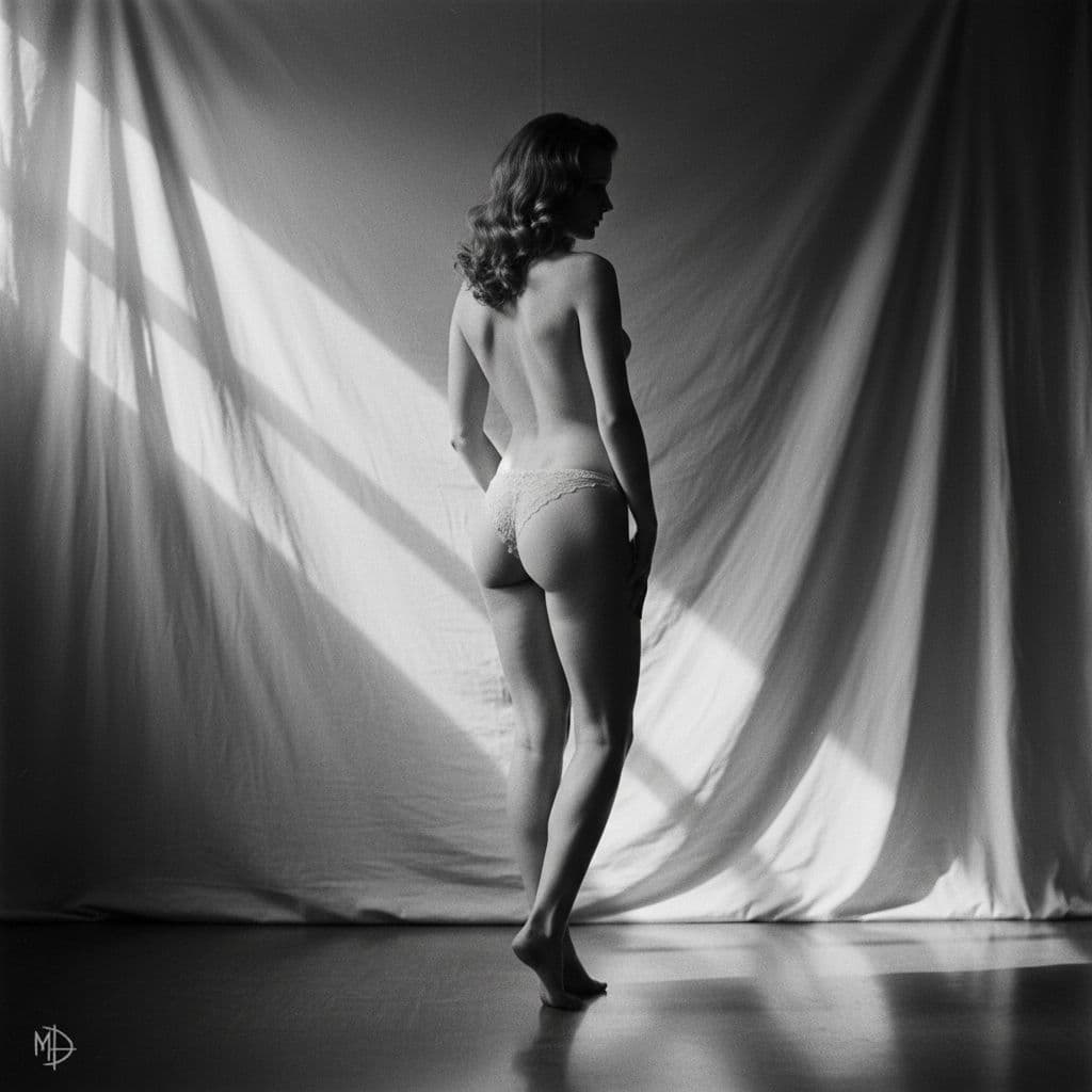 AI generated: black and white photo session, studio lighting. old retro pin-up of a beautiful skinny woman in earl...