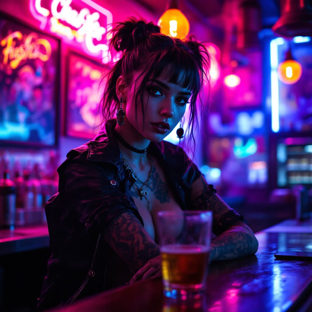AI generated: a bold and edgy portrait of a young punk woman working in a vibrant, neon-lit bar. The woman exudes ...