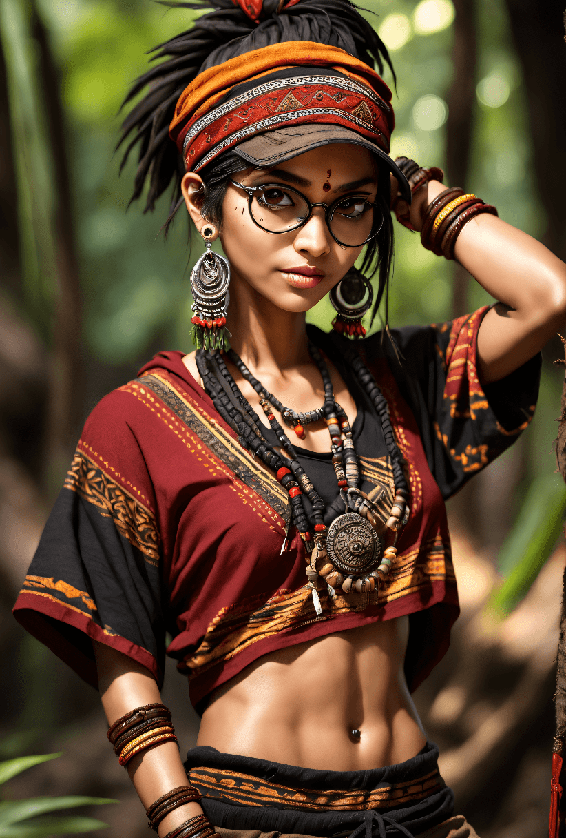 AI generated: tribal style beautiful young, thin, fit, short messy hair, intrincate details, baggy pants, t-shirt,...