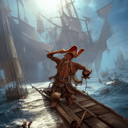AI generated: an old pirate man doing acrobatics, ifghting on a boat  video game,  epic fantasy, art by ,  Marc Si...