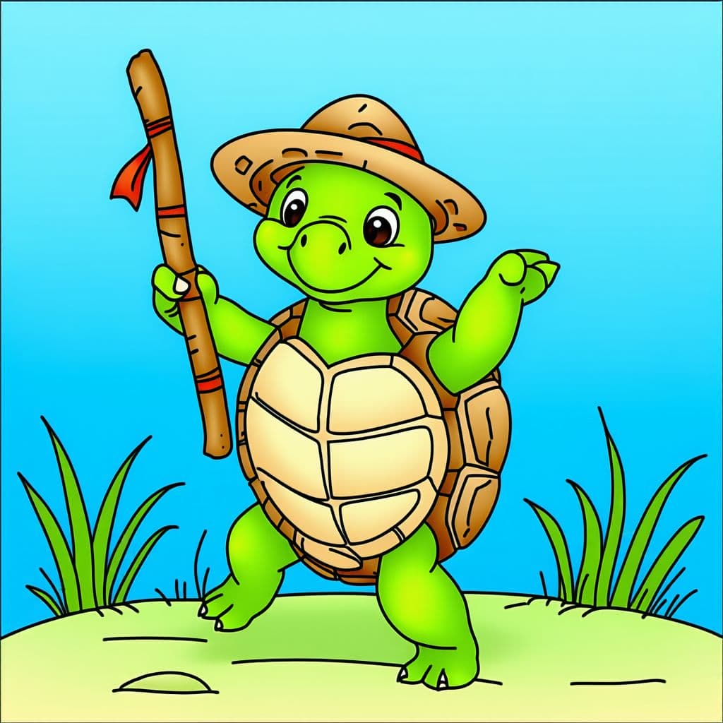 AI generated: Full background image from a blank coloring book showing a simple turtle dancing with a hat and a st...