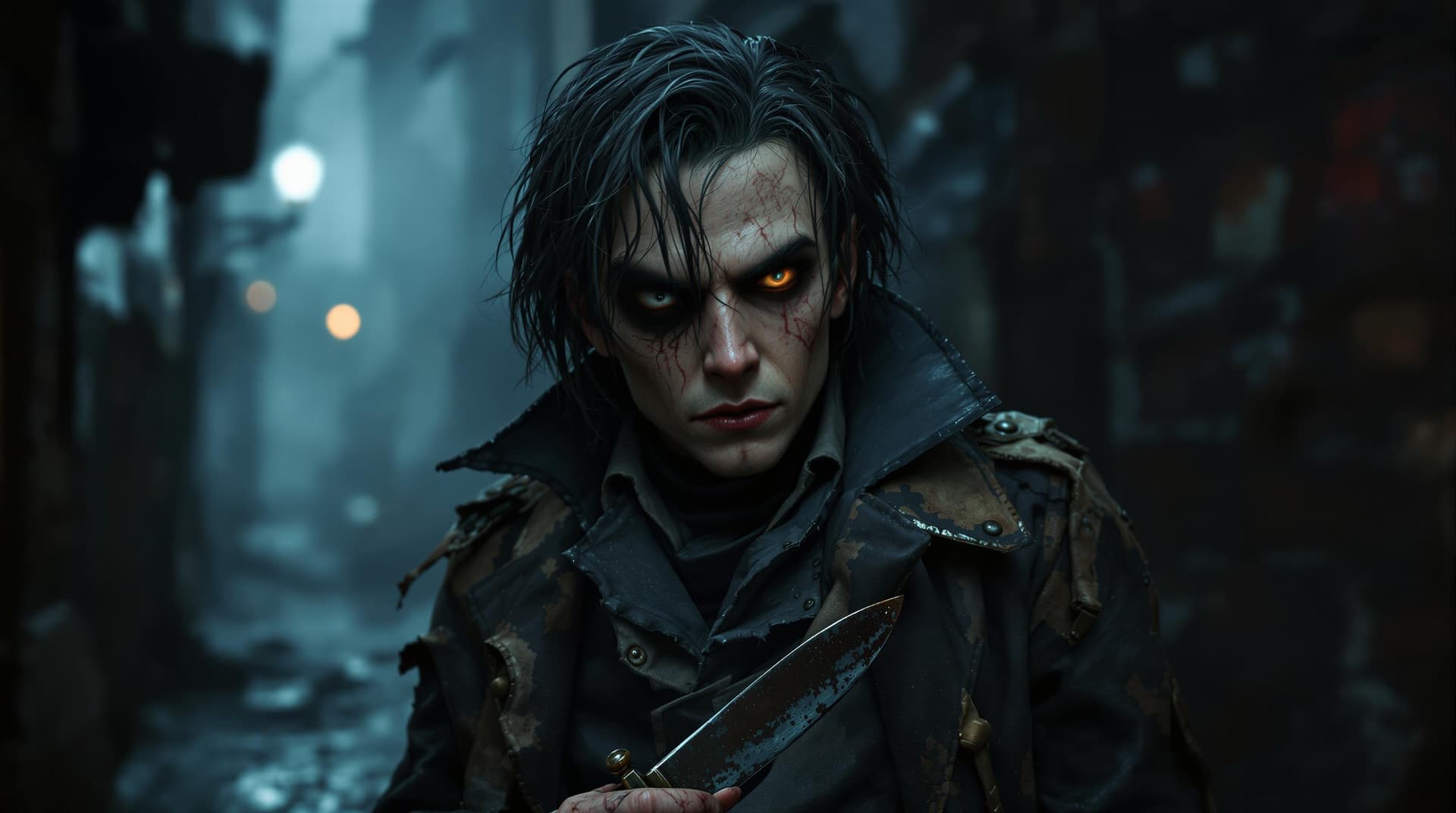 AI generated: "Dirty, sinister young street character inspired by 'Sweeney Todd: The Demon Barber of Fleet Street'...