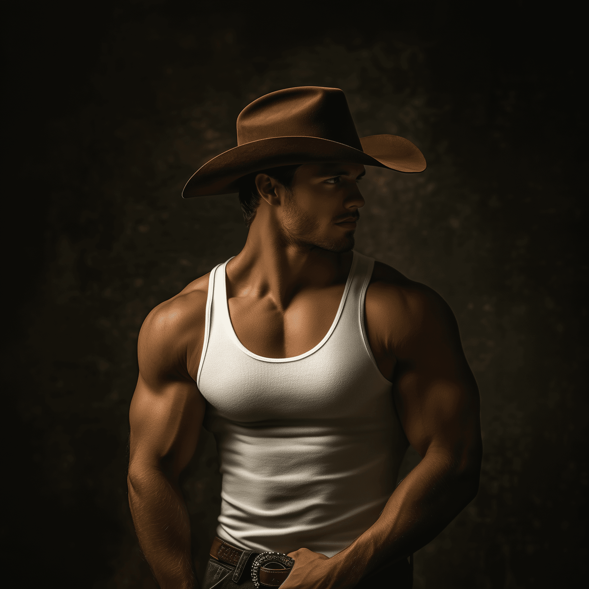 AI generated: A handsome man with a muscular torso wearing a white tank top and a brown cowboy hat, captured in a ...