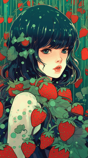 AI generated: A cute illustration, anime vibrant strawberry picking and dancing, cherry-air, inspired by Conrad Ro...