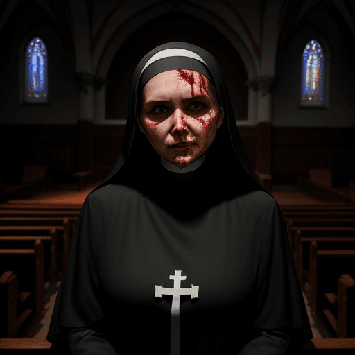 AI generated: A nun , face full of blood, modest church, dark light, demon, 8k
