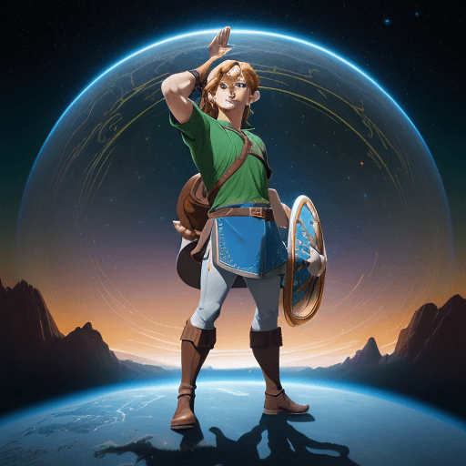 AI generated: Full body portrait of disney character, Hyper realistic Link, Link standing in front of a big magica...