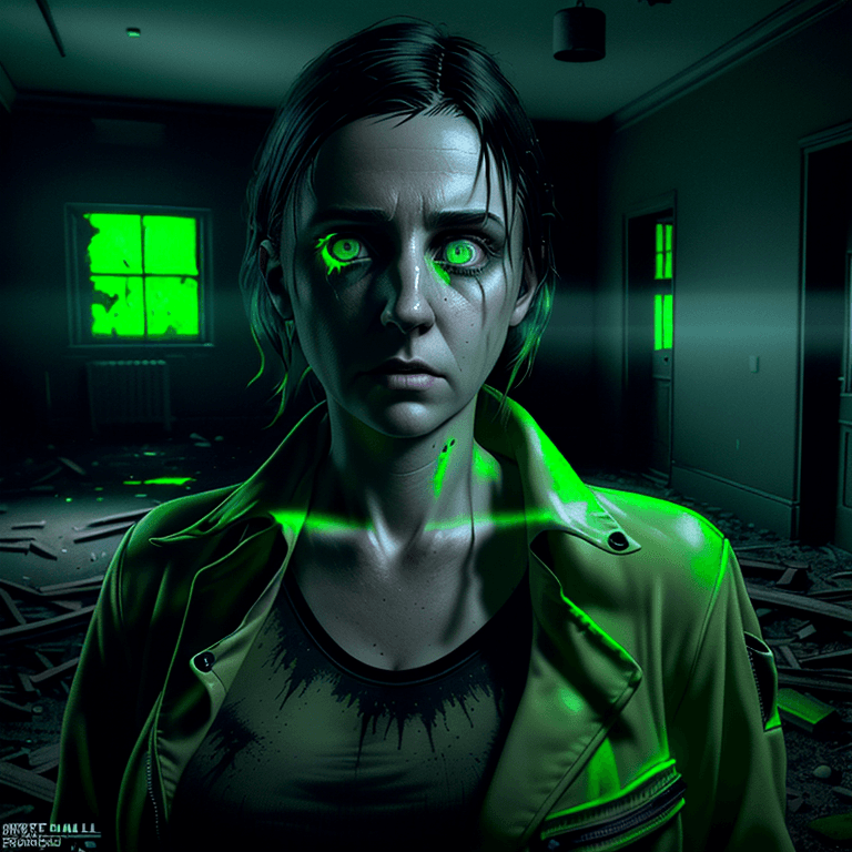 AI generated: an ultra realistic portrait of a ghost hunter, green fluro color eyes, alan wake, investigating an a...