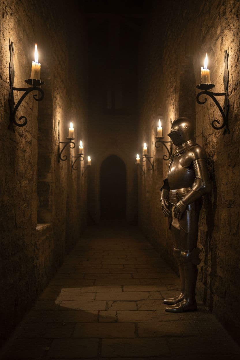 AI generated: A narrow stone corridor in a Gothic castle with flickering candlelight