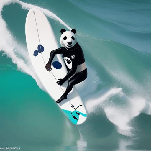 AI generated: un panda sur une planche de surf, dans la mer des caraibes, portant un survetement streetwear
