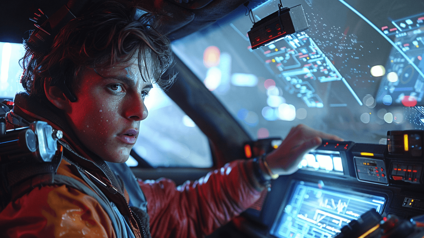 AI generated: Marty McFly examining the EKOSIA solar router in the back of the DeLorean, with the city of the futu...