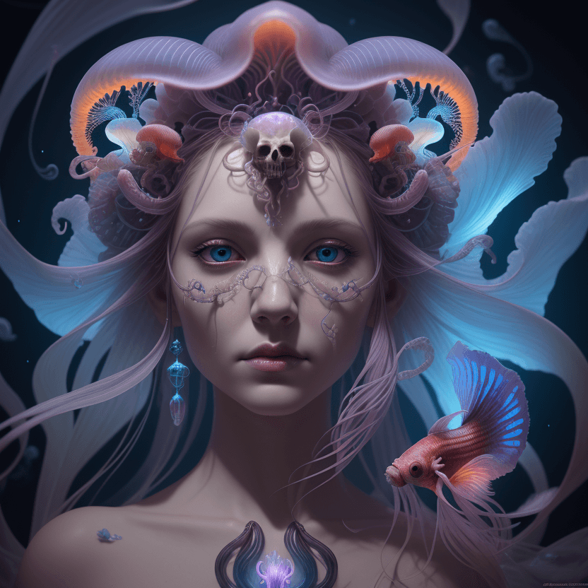 AI generated: Goddess close-up portrait ribcagel. jellyfish phoenix head, nautilus, orchid, skull, betta fish, bio...