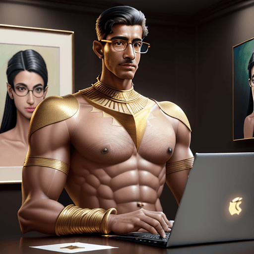 AI generated: Full-body hyper-realistic artwork of Roshan, light-skinned, 6'2 tall, wearing big golden glasses, sy...
