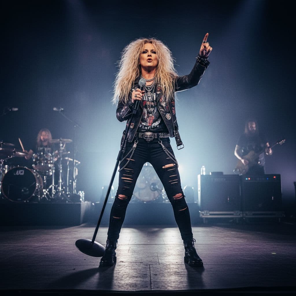 AI generated: Beautiful Norwegian female rockstar singing on stage with long
blonde messy hair, ripped design jea...