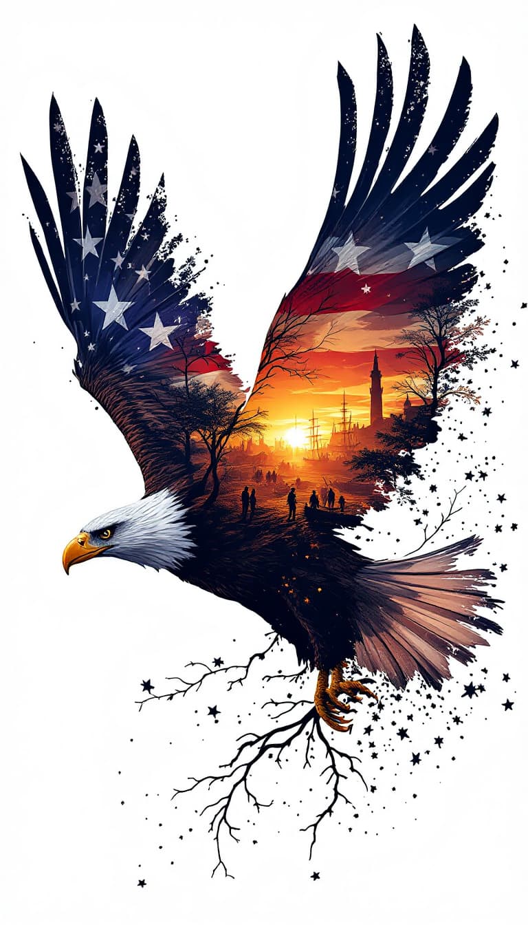 AI generated: 8K, highly detailed, high quality breathtaking double exposure illustration features a bald eagle so...