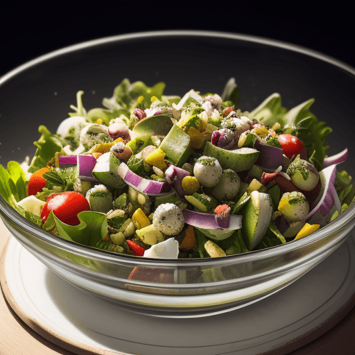 AI generated: food photography,vegetable salad in the glass bowl,with olive oil ,bread ,in a luxurious Michelin ki...
