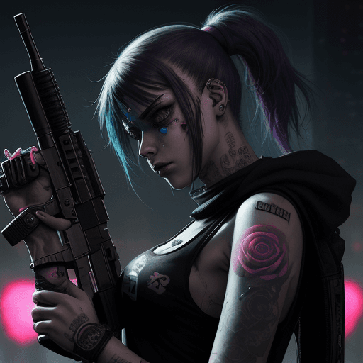 AI generated: The cyberpunk style girl holds an ak47 in her hand, tears like pearls, and has a tattoo of a rose on...